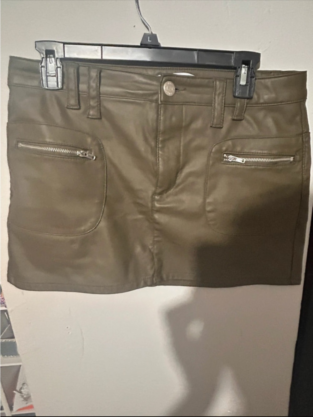 Olive Faux Leather Mini Skirt with Front Zip Pockets size L